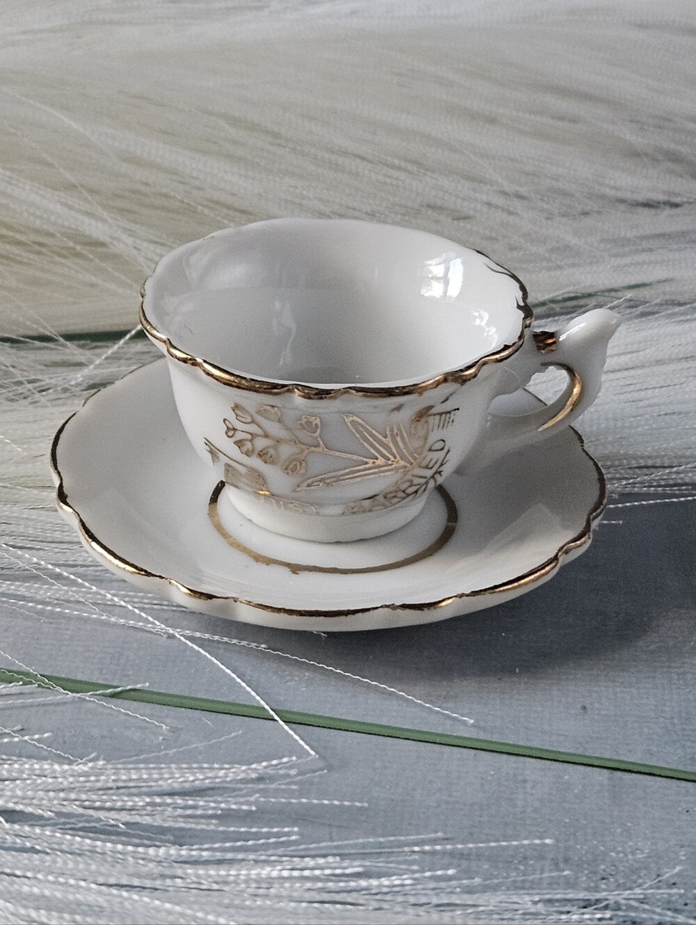 Vintage "Just Married" white gold miniature porcelain teacup and saucer set whit